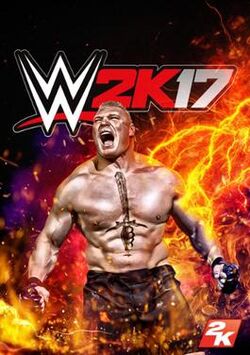 A picture of Brock Lesnar is seen on a background full of orange splashes and lightning strikes. The game's logo appears on the top.