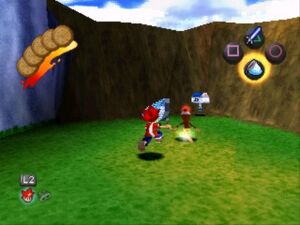 The player character (a young boy with a net) chases after a running ape. The head-up display elements are visible on-screen: cookies in the top left, the main button controls in the top right, and a zoom icon in the bottom left.