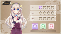 A screenshot of a menu system for the player character's cuteness statistics, showing various options and the progress for each individual statistic, along with a half-body picture of the player character.