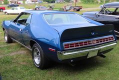 shows the rear end of a 1972 Javelin finished in blue with the tail lamp design following the "egg crate" pattern