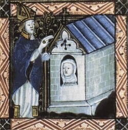 illustration of a medieval bishop blessing an anchoress