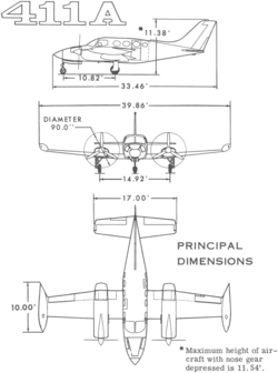 3-view line drawing of the Cessna 411A