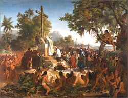 photo of painting by Victor Meirelles depicting the first mass given in Brazil