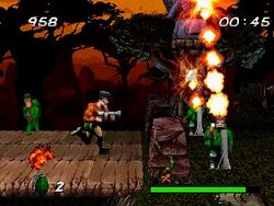 Screenshot of jungle level showing action with enemy mortars.