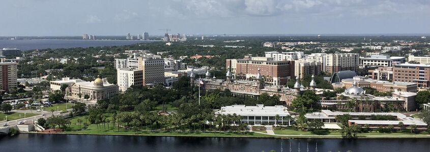 Moorish minarets with Tampa's high-rise office buildings in the background