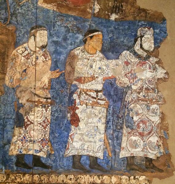 File:Ambassadors from Chaganian (central figure, inscription of the neck), and Chach (modern Tashkent) to king Varkhuman of Samarkand. 648-651 CE, Afrasiyab Museum, Samarkand, Uzbekistan.jpg