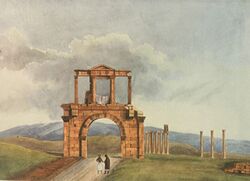 Athens The Kamaroporta (Hadrian's Arch) and the Temple of Olympian Zeus, from the west- Peytier Eugène - after 1834.jpg
