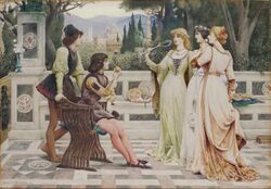 Wagrez's "The Judgement of Paris": Paris, dressed in medieval livery and holding the apple of discord, chats with Athena, Aphrodite, and Hera.
