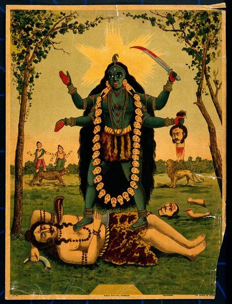 File:Kali; standing triumphantly over Shiva. Chromolitho Wellcome V0045066.jpg