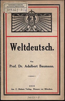 A book cover. The background of the cover is tan, with borders in black and red. At the top is an eagle with wings outspread to fill a rectangle. Below the eagle is the word 'Weltdeutsch' with information about the author and publisher of the book.