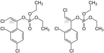 Skeletal formulas of (E)-chlorfenvinphos (left) and (Z)-chlorfenvinphos (right)