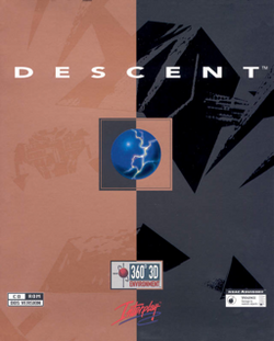 The Descent cover art is a portrait image comprising two vertical halves: a pale red on the left and a dark gray on the right, with three antagonistic robots appearing in the background. In the center of the cover art is an inverted square containing a shield orb and above that the title "DESCENT".