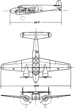 3-view line drawing of the Lockheed 12A Electra Junior