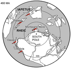 Middle Ordovician South Polar paleogeography - 460 Ma.png
