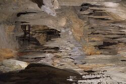 Stalactites above walkway through Ngarua Caves.jpg