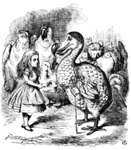 Drawing of a little girl talking to a dodo with a cane