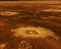 The plains of Venus are outlined in red and gold, with impact craters leaving golden rings across the surface