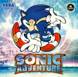 The cover art of Sonic Adventure, showcasing Yuji Uekawa's redesign of Sonic. Sonic is shown atop the game's logo, and the Sega logo is shown in the upper left-hand corner and the Sonic Team logo on the upper right-hand corner