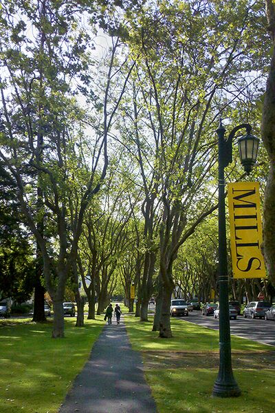 File:Students walk along tree-lined Richards Road near the entrance to Mills College.jpg