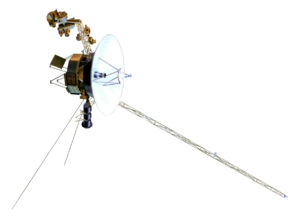 Model of the Voyager spacecraft, a small-bodied spacecraft with a large, central dish and many arms and antennas extending from it