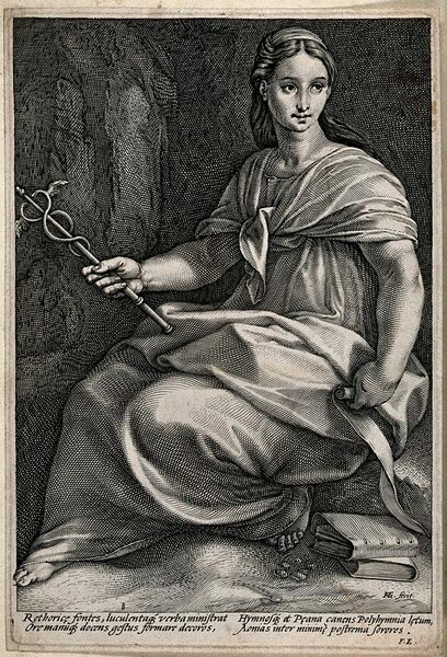 File:A seated woman with a scroll and two books, holding a caduce Wellcome V0047927.jpg