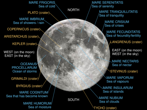 Lunar nearside with major maria and craters labeled