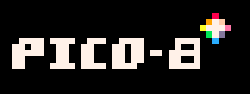 Pixel art: the text "PICO-8" in white on black, followed by a diamond shape with a rainbow outline.