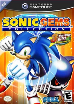 Sonic, a cartoonish blue hedgehog, does a fist bump-like gesture to the viewer, while his robotic doppelgänger Metal Sonic beckons. The game's logo is seen atop the two; the Nintendo Seal of Quality, Sega logo, and ESRB rating of E are shown from left to right across the bottom of the box.