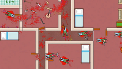 A screenshot of the unreleased game "Super Carnage", that would eventually become Hotline Miami. The graphics are very simple and the game looks drastically different from that of Hotline Miami.