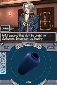 A screenshot of an Escape section room. The top screen shows a stylized illustration of a man with a blue jacket in front of two doors; a text box is also show, displaying his dialogue. The bottom screenshot shows a list of icons on the left, representing the items the player is carrying, and the currently selected item – a vase – rendered in 3D in the middle.