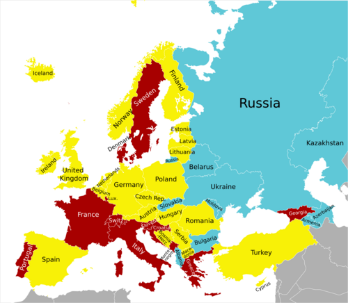 Map of Europe with individual countries grouped by preferred type of alcoholic beverage, based on recorded alcohol per capita (age 15+) consumption (in litres of pure alcohol) in 2010