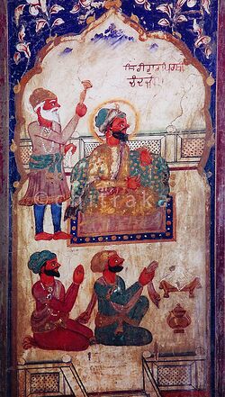 Fresco artwork of Prithi Chand with attendants and devotees from Pothi-Mala, Guru Harsahai, Punjab.jpg