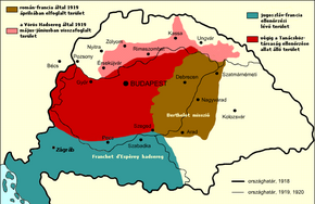 Map of territory of the former Kingdom of Hungary, May–August 1919   Controlled by Romania in April 1919   Controlled by Hungary   Subsequently controlled by Hungary to establish the Slovak Soviet Republic   Controlled by French and Yugoslav forces   Borders of Hungary in 1918   Borders of Hungary in 1920