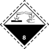A rhombic-shaped label with letters 8 and "corrosive", indicating that drops of a liquid corrode materials and human hands.