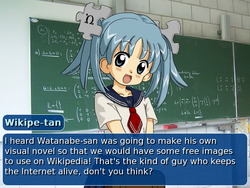 A cartoon girl in a sailor outfit stands in front of a photograph of a green chalkboard. The lower-third screen is covered by a translucent dialogue box.