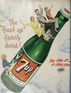 Magazine advertisement with a mother, father and two children riding a bottle of 7 Up