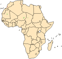 Map of Africa, showing a highlighted range (in green) covering three small areas in Mauritania, Niger and Chad