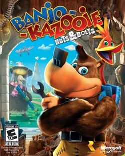Banjo is an anthropomorphic cartoon bear with crossed arms, holding a wrench, and wearing yellow shorts and a blue backpack; Kazooie is an anthropomorphic red bird who lives in Banjo's backpack. They look at the viewer, smiling, while standing in a workshop. Outside the workshop behind them, the witch Gruntilda looks in while holding a blueprint. The logo "Banjo-Kazooie: Nuts & Bolts" sits above them, while small E10+, Rare, and Microsoft logos are on the bottom.