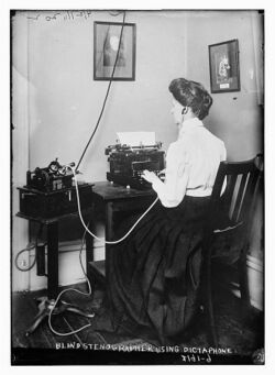 Blind stenographer from the Overbrook School for the Blind using a dictaphone.jpg