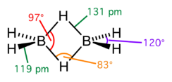 Stereo skeletal formula of diborane with all explicit hydrogens added and assorted measurements