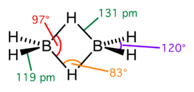 Diborane. The two central hydrogen atoms are simultaneously bonded to both boron atoms in 3c-2e bonds.