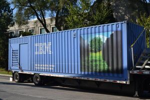 Exterior of a blue tractor-trailer