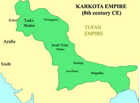 Karkota territory at its maximum extent, according to Joseph E. Schwartzberg's A Historical Atlas of South Asia