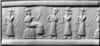 Akkadian cylinder seal impression depicting a vegetation goddess, possibly Ninhursag, sitting on a throne surrounded by worshippers (circa 2350–2150 BC)