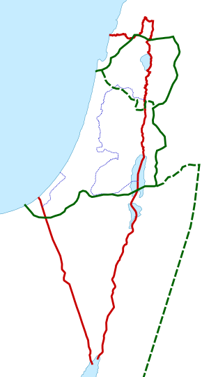   Boundary of Syria Palaestina   Boundary between Palaestina Prima (later Jund Filastin) and Palaestina Secunda (later Jund al-Urdunn)   Borders of Mandatory Palestine   Borders between Israel and the State of Palestine (i.e. West Bank and Gaza Strip)
