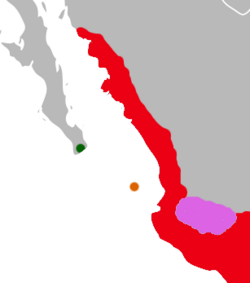 Map of western Mexico with a green mark on the southern tip of the Baja California peninsula, an orange mark off the coast of Nayarit, a pink area inland in the southwest, and a red area along the Pacific coast north to Sonora.