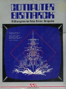 Artwork of a grey, vertical rectangular box. The top portion reads "Computer Bismarck. A War-game for Your Home Computer". The bottom portion displays a white line drawing of a battle ship on a blue monitor screen.