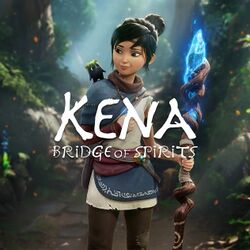 Key art, featuring the logo "Kena Bridge of Spirits" in white letters on the left; on the right is the protagonist Kena (young girl with black hair, white shirt, blue cape, holding her staff and necklace) looking at her small, black Rot companion on her shoulder. They are standing in a forest.