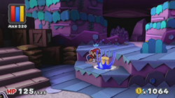 A nighttime, hilly grassland setting designed to be constructed out of paper. Mario is hitting his hammer on the ground, coloring it with blue paint.