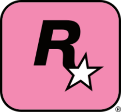 A capital "R" in black has a five-pointed, white star with a black outline appended to its lower-right end. They lay on a pink square with a black outline and rounded corners.